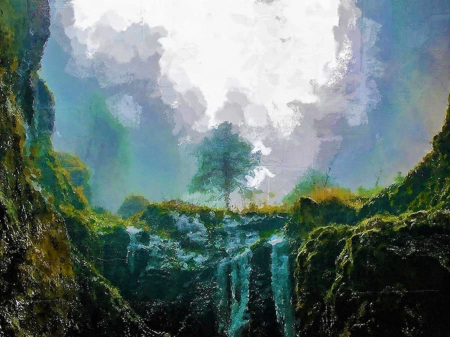 δέντρο στέκεται μέσα στη φύση καταρράκτης νερά βουνά πίνακας ακουαρέλας